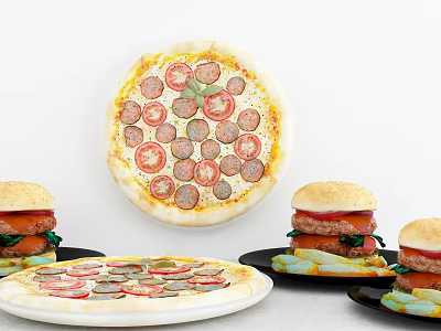 Freshly Baked Pizza Topped With Tomatoes Sausages And Juicy Tasty Hamburgers 3d model Freshly Baked Pizza Topped With Tomatoes Sausages And Juicy Tasty Hamburgers 3d model