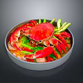 Fresh Red Crab Cooked in a Pot with Green Vegetables and Delicious Broth