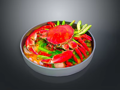 Fresh Red Crab Cooked in a Pot with Green Vegetables and Delicious Broth 3d model