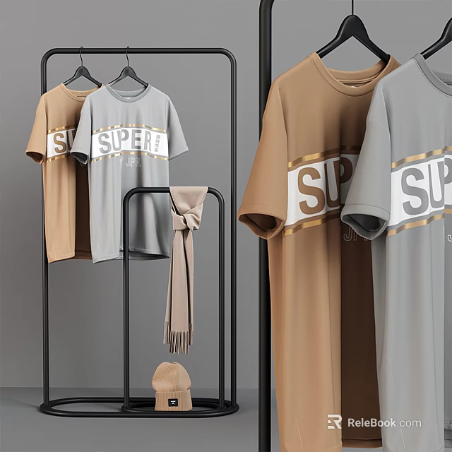 Metal Clothes Hanger With Brown And Gray T Shirts Scarf And Hat 3d model 
