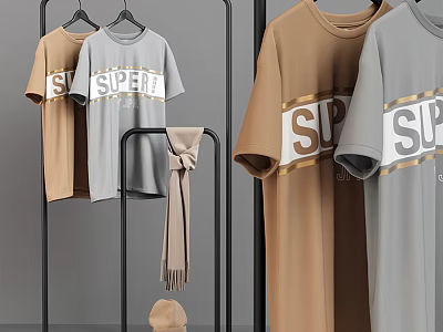 Metal Clothes Hanger With Brown And Gray T Shirts Scarf And Hat 3d model