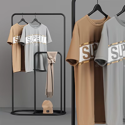 Metal Clothes Hanger With Brown And Gray T Shirts Scarf And Hat 3d model