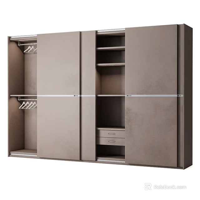 Modern Wardrobe Interior Design With Sliding Doors Hanging Rods Shelves And Drawer 3d model 