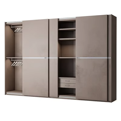 Modern Wardrobe Interior Design With Sliding Doors Hanging Rods Shelves And Drawer 3d model