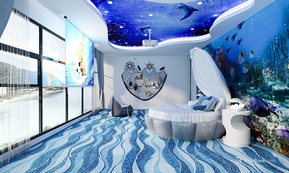 Hotel Room With Ocean Theme Starry Sky Ceiling Wave Patterned Floor And Shell Shaped Bed 3d model