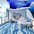 Hotel Room With Ocean Theme Starry Sky Ceiling Wave Patterned Floor And Shell Shaped Bed 3d model