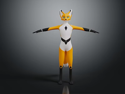 3D Animated Fox Character With Orange Body White Belly Black Gloves Diamond Chest Decoration Standing 3d model