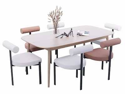 Light Wood Oval Dining Table Set With White Brown Chairs Black Legs Dried Flower Decor 3d model