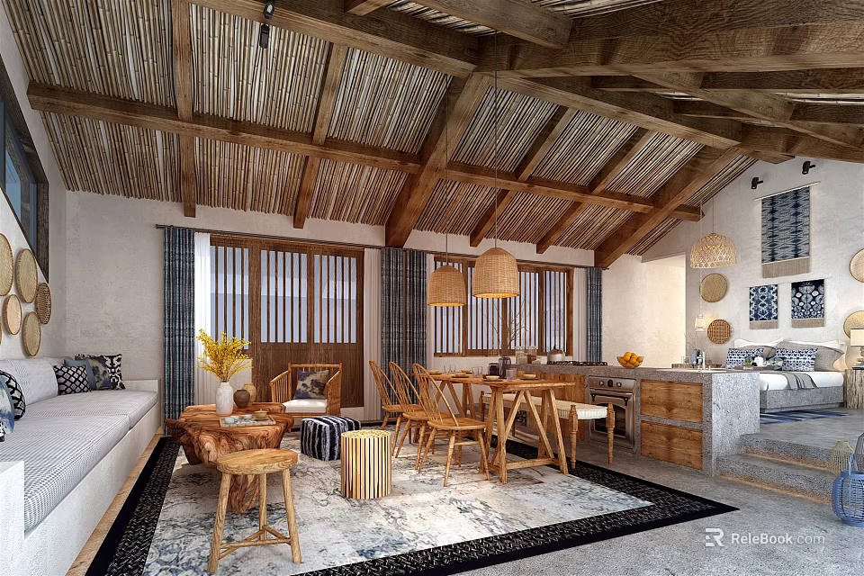 Cozy Hotel Guest Room Interior With Wooden Ceiling Bamboo Elements And Wooden Furniture 3d model 