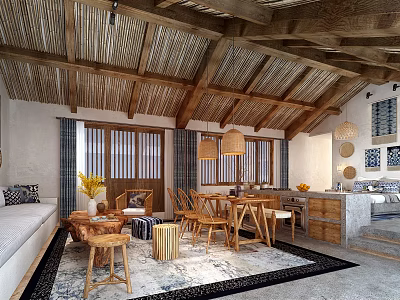 Cozy Hotel Guest Room Interior With Wooden Ceiling Bamboo Elements And Wooden Furniture 3d model