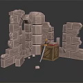 Medieval Stone Ruins Scene With Stone Arch Wooden Crate And Sword