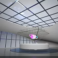 Starry Sky Ceiling Glass Walls Exhibition Space With Circular Platform And Purple Glowing Object