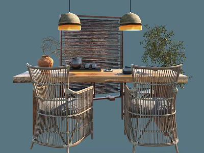 Rustic Tea Table and Rattan Chairs with Bamboo Weaving Screen Hanging Lamps and Potted Plant 3d model