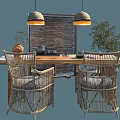 Rustic Tea Table and Rattan Chairs with Bamboo Weaving Screen Hanging Lamps and Potted Plant