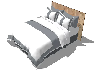 Double Bed with Wooden Headboard White Gray Striped Sheets and Pillows 3d model