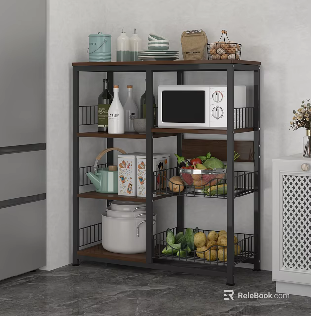 Kitchen Storage Shelf With Metal Frame Wood Shelves Holding Microwave Vegetables And Kitchen Supplies 3d model 