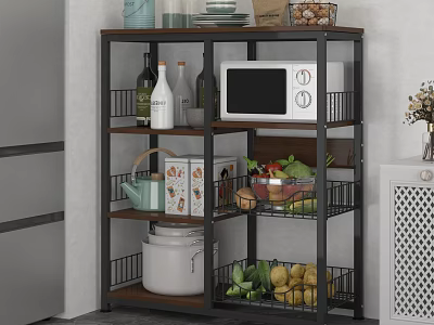 Kitchen Storage Shelf With Metal Frame Wood Shelves Holding Microwave Vegetables And Kitchen Supplies 3d model