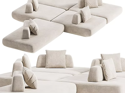 Light Beige Modular Sectional Sofa With Comfortable Fabric And Multiple Pillows 3d model