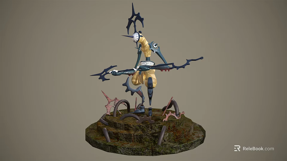 Detailed Fantasy Character Creature Holding Bow On Mossy Mechanical Platform 3d model 