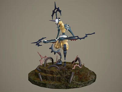 Detailed Fantasy Character Creature Holding Bow On Mossy Mechanical Platform 3d model