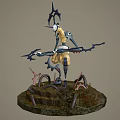 Detailed Fantasy Character Creature Holding Bow On Mossy Mechanical Platform