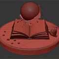 Open Book On Round Wooden Tray With Floating Globe Small Fragments And Green Object