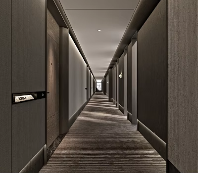 Modern Hotel Corridor Interior Design With Dark Walls Carpeted Floor And Recessed Lighting 3d model