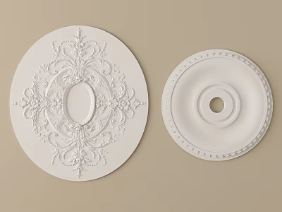 White Ceiling Medallions With Intricate Patterns Oval Center And Simple Trim Circular Hole 3d model