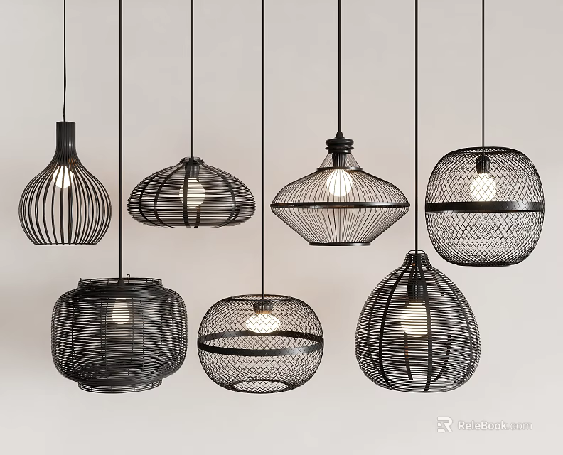 Modern Black Pendant Lights With Stylish Woven Mesh Design In Various Shapes 3d model 