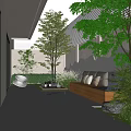 Modern Courtyard Garden With Wooden Bench Coffee Table Green Trees Stone Decor And Warm Lighting