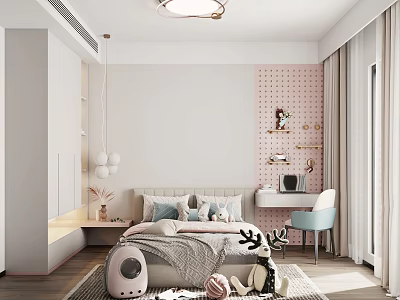Bright Kids Room Interior With Pink Dotted Wall Bed Desk Chair And Stuffed Toys 3d model