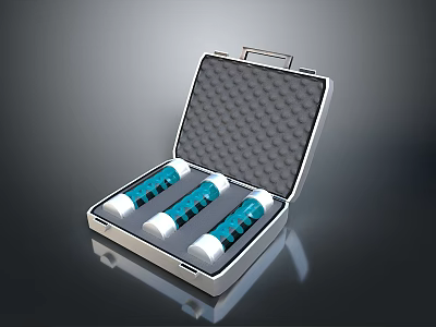 Open Metal Case with Three Blue and White Cylindrical Household Supplies and Foam Lining 3d model