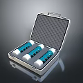 Open Metal Case with Three Blue and White Cylindrical Household Supplies and Foam Lining
