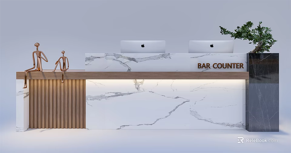 Modern Reception Desk With White Marble Countertop Two Mac Computers Wooden Cabinet And Green Plant 3d model 