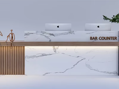 Modern Reception Desk With White Marble Countertop Two Mac Computers Wooden Cabinet And Green Plant 3d model