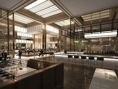 Elegant Modern Hotel Lobby Interior With Wooden Lattice Glass Windows Chandeliers And Bar Counter 3d model