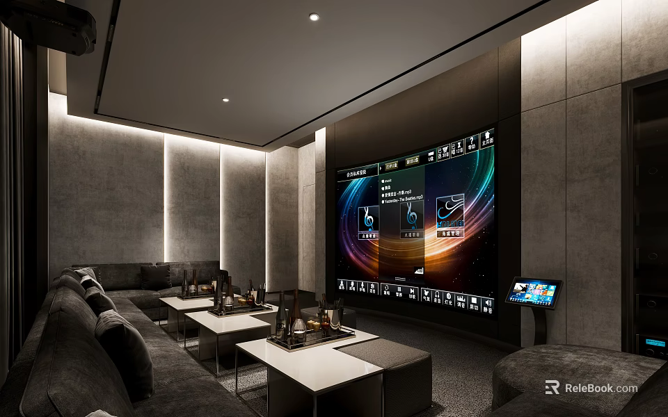 Modern Home Theater Interior With Large Screen Comfortable Sofa Coffee Tables And Recessed Lighting 3d model 