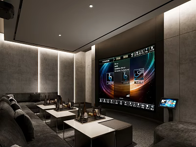 Modern Home Theater Interior With Large Screen Comfortable Sofa Coffee Tables And Recessed Lighting 3d model
