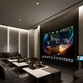 Modern Home Theater Interior With Large Screen Comfortable Sofa Coffee Tables And Recessed Lighting