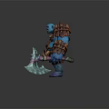 Muscular Blue Skinned Fantasy Ogre With Brown Straps And Dual Blue Bladed Weapons