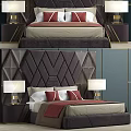 Double Bed with Tufted Brown Diamond Patterned Headboard Bedside Tables Table Lamps and Beige Red Bedding 3d model