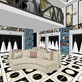 Elegant Bridal Shop Interior With Blue White Marble Walls Chandelier And Checkered Floor
