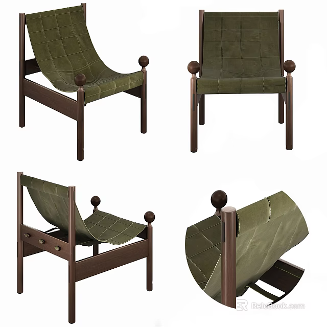 Comfortable Green Padded Leisure Chair With Wooden Frame And Round Knobs Design 3d model