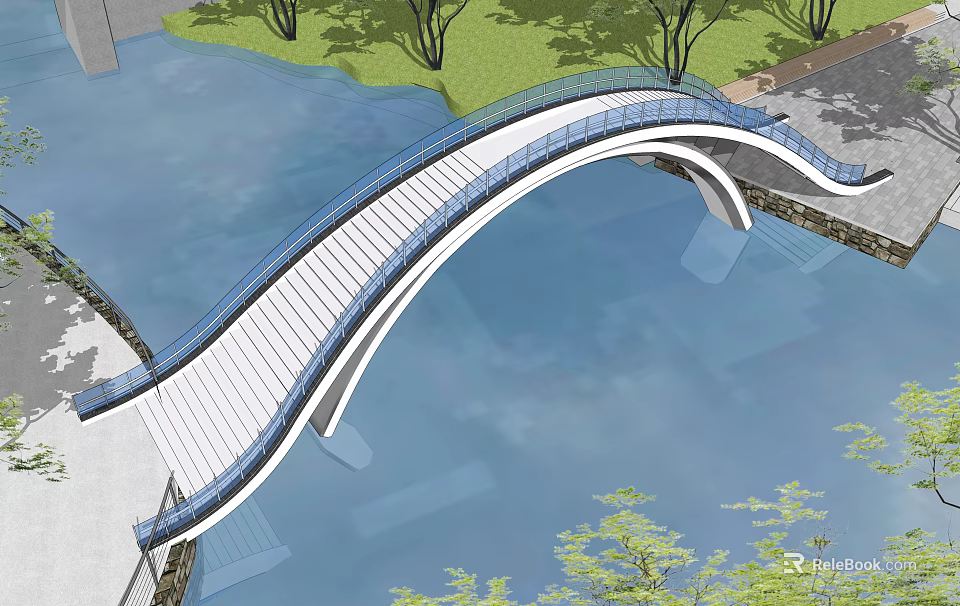 Modern Curved Bridge with Blue Railings Over Water Surrounded by Trees and Grass 3d model 