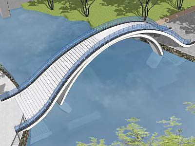 Modern Curved Bridge with Blue Railings Over Water Surrounded by Trees and Grass 3d model