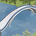 Modern Curved Bridge with Blue Railings Over Water Surrounded by Trees and Grass
