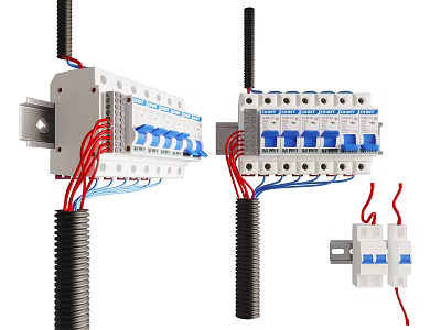 Industrial Circuit Breakers With Wiring Connections Blue White Design And Black Mounting Poles 3d model