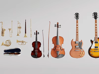 Various Musical Instruments Collection Featuring Violins Guitars Trumpets And Brass Instruments 3d model