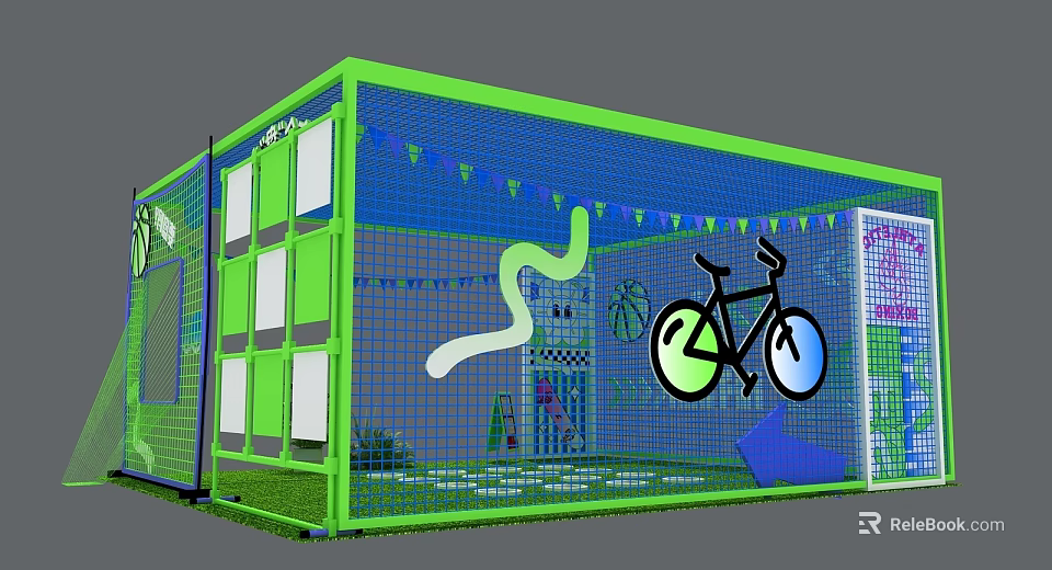 Vibrant Interactive Zone With Green Frame Blue Netting Bunting Decorations And Bicycle Graphic 3d model