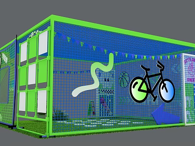 Vibrant Interactive Zone With Green Frame Blue Netting Bunting Decorations And Bicycle Graphic 3d model